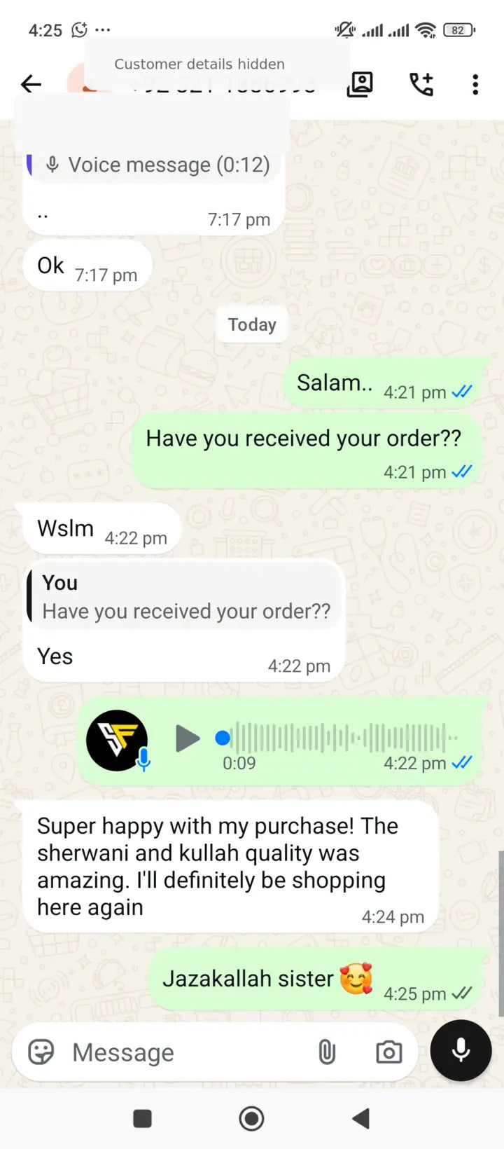 Privacy-protected WhatsApp customer review for Season's Fashion