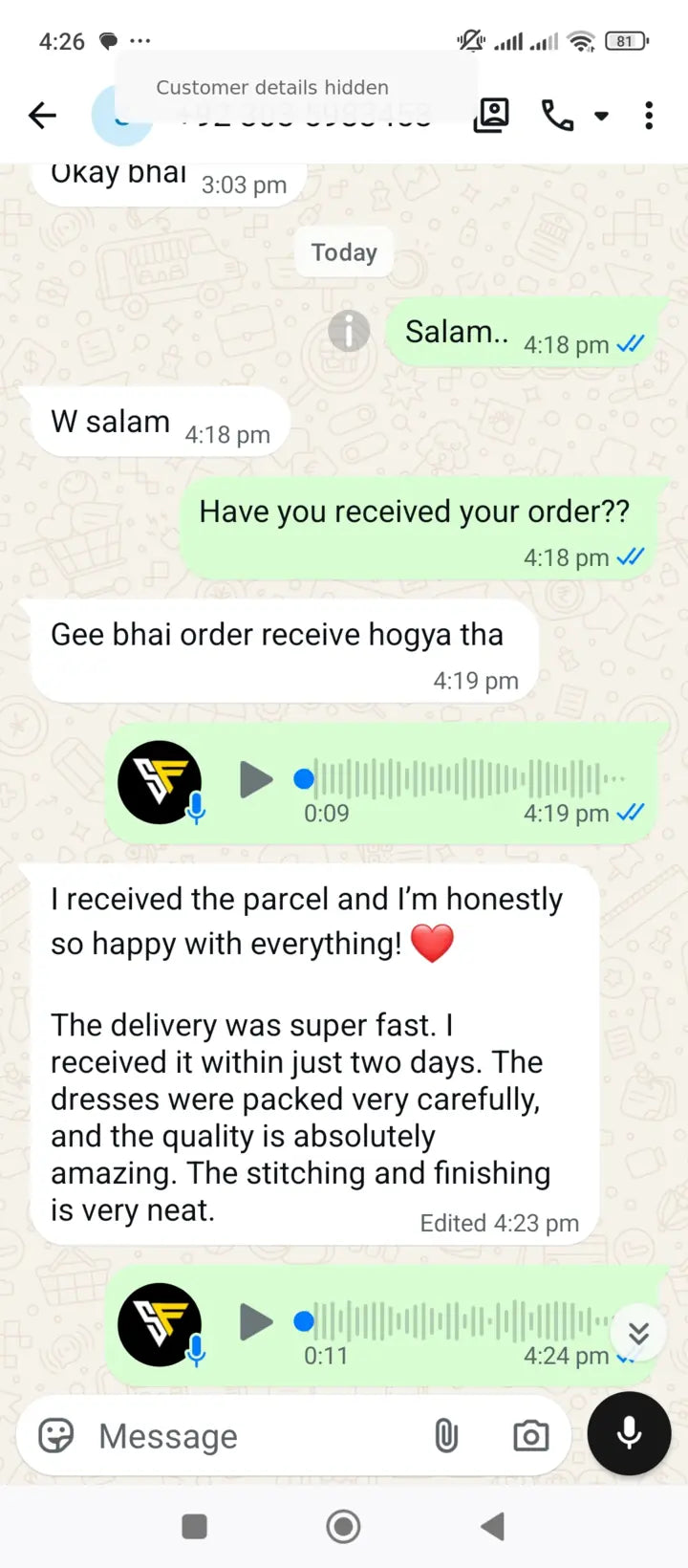 Privacy-protected WhatsApp customer review for Season's Fashion