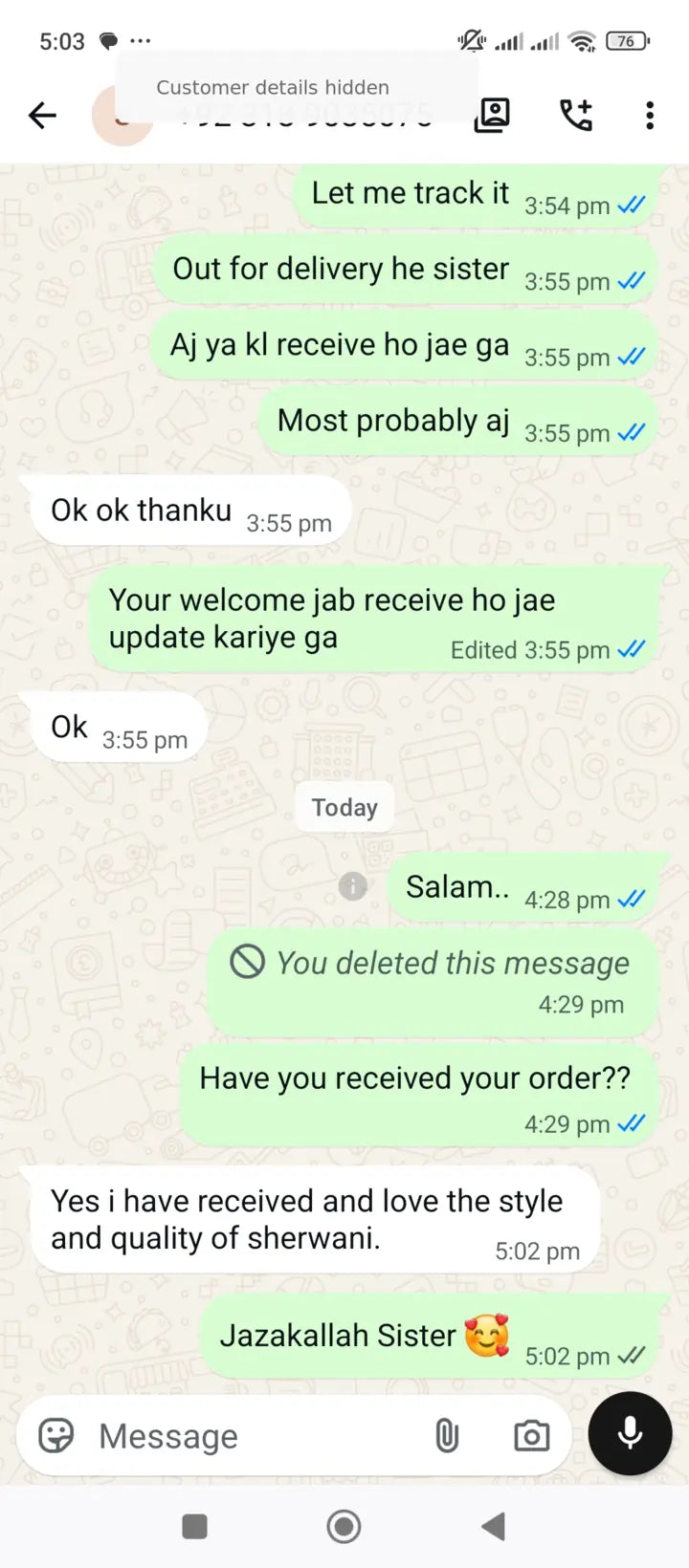 Privacy-protected WhatsApp customer review for Season's Fashion