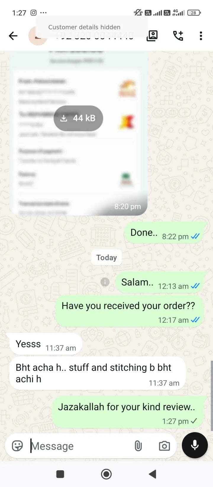 Privacy-protected WhatsApp customer review for Season's Fashion