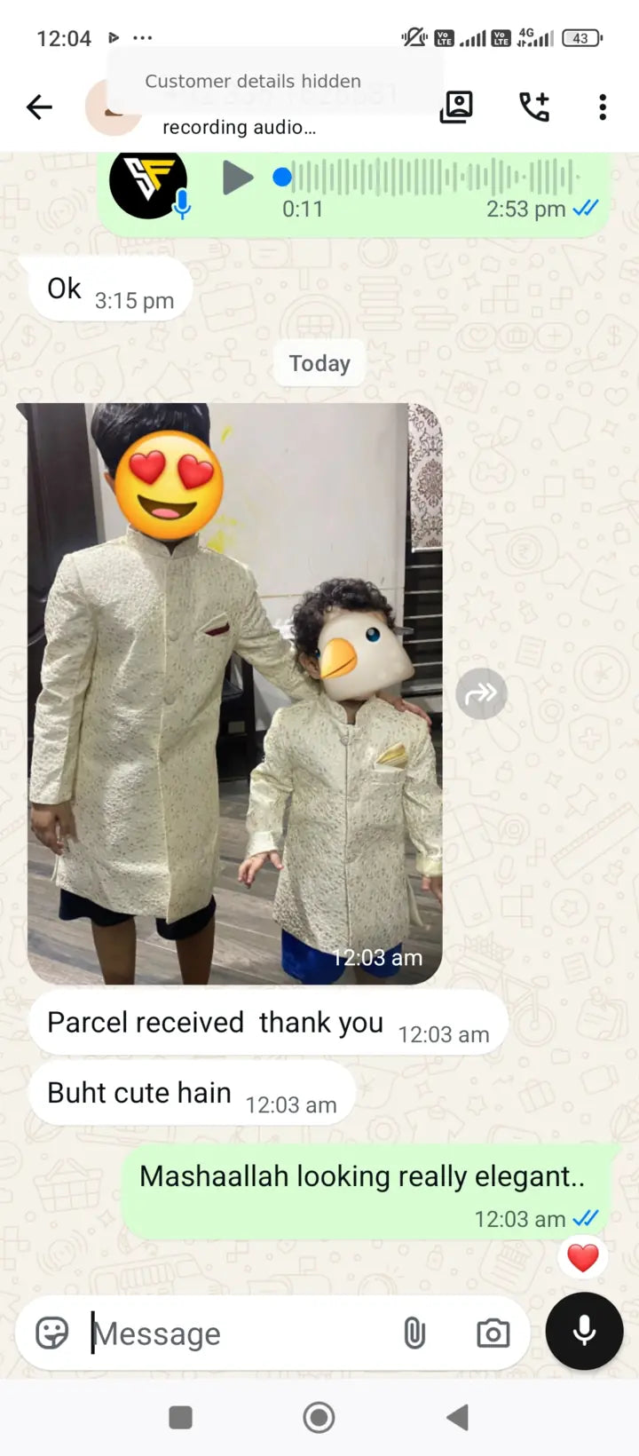 Privacy-protected WhatsApp customer review for Season's Fashion