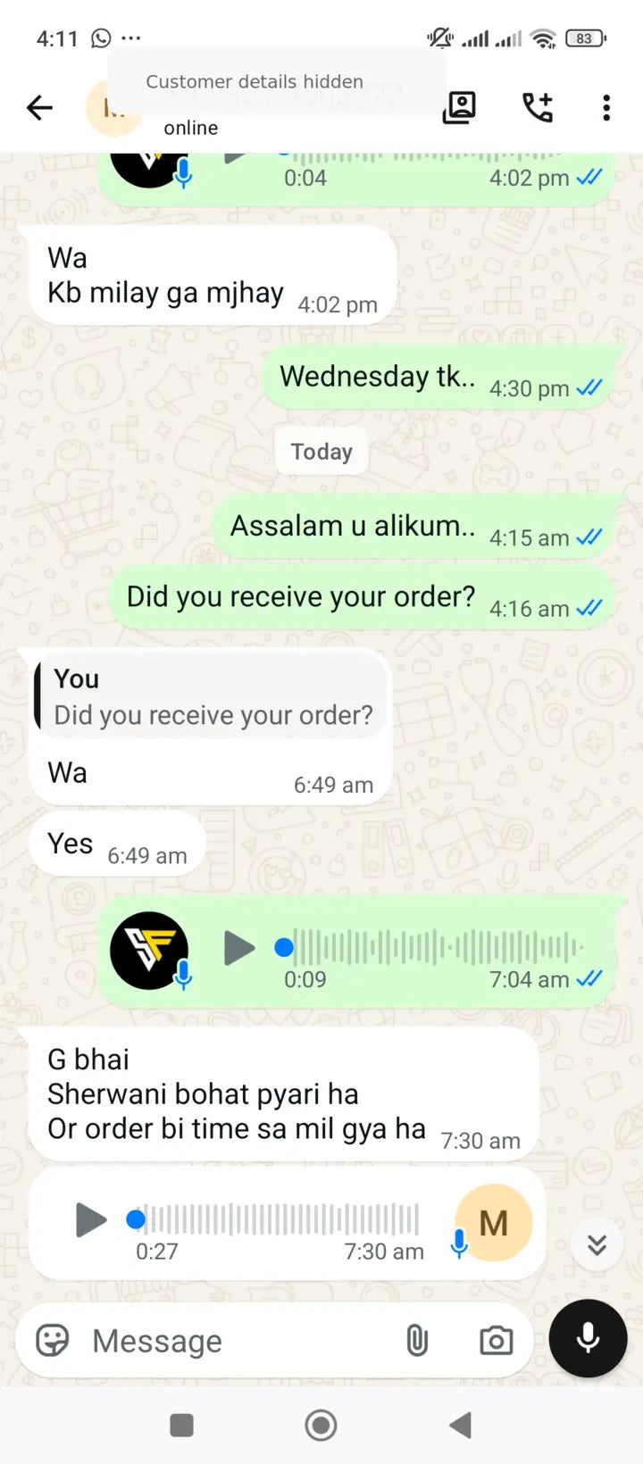 Privacy-protected WhatsApp customer review for Season's Fashion