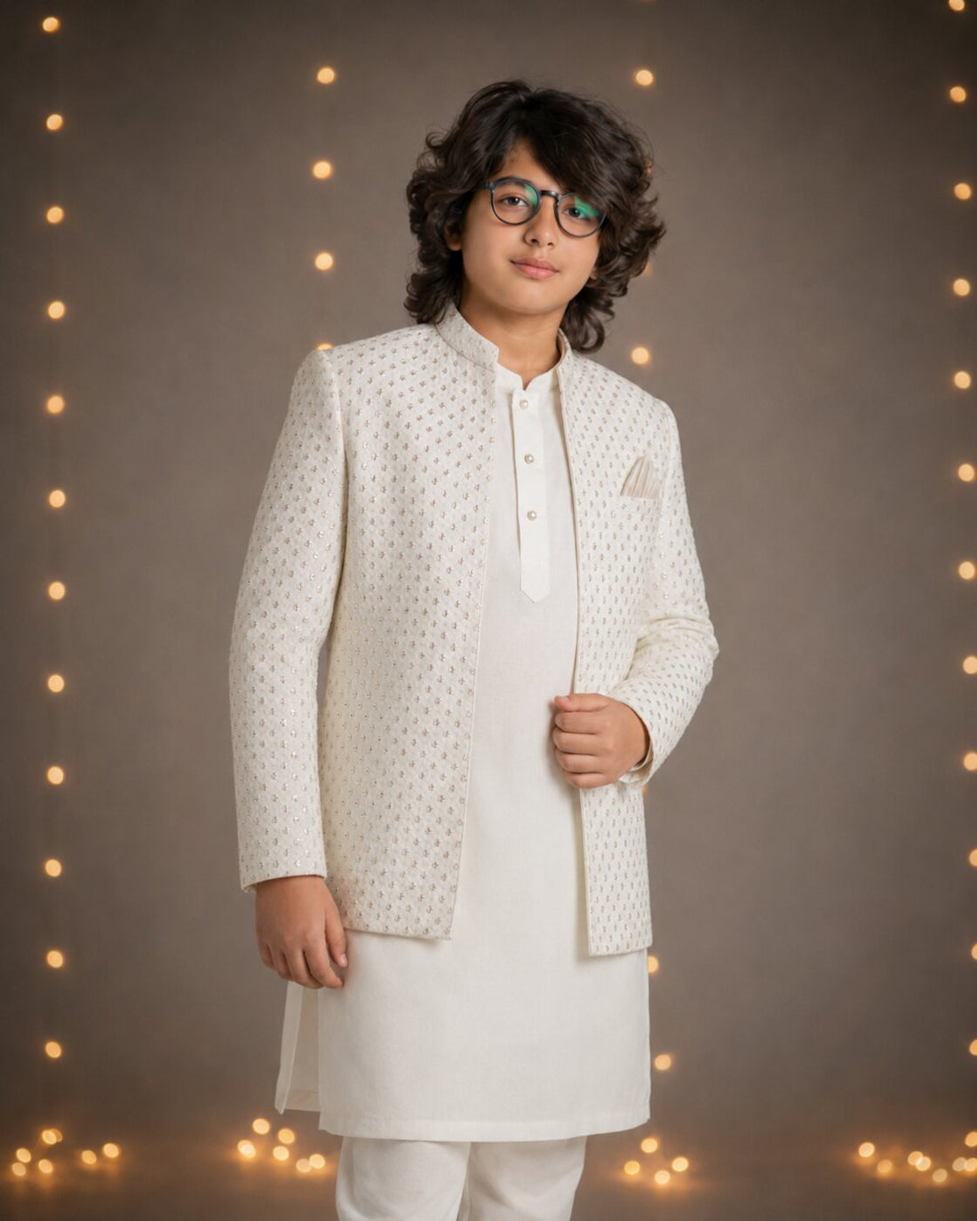 Boy wearing white embroidered Prince Coat with white kurta trouser — front look