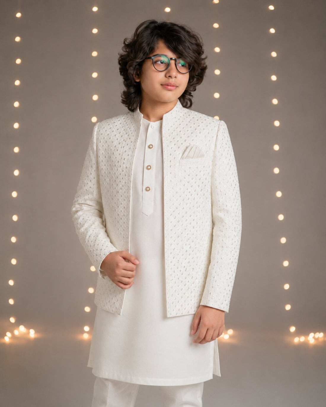 Boy wearing white embroidered Prince Coat with white kurta trouser — front look