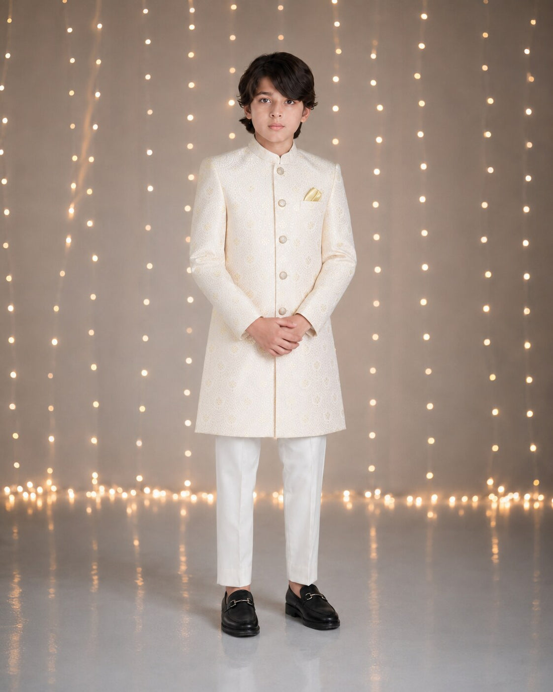 White embroidered sherwani with matching trouser for boys - front view