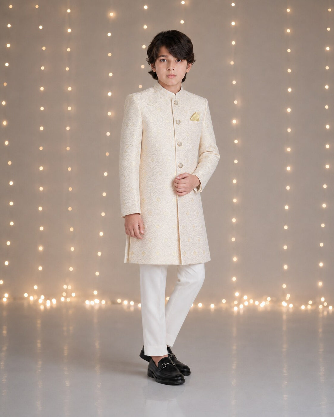 White embroidered sherwani with matching trouser for boys - front view
