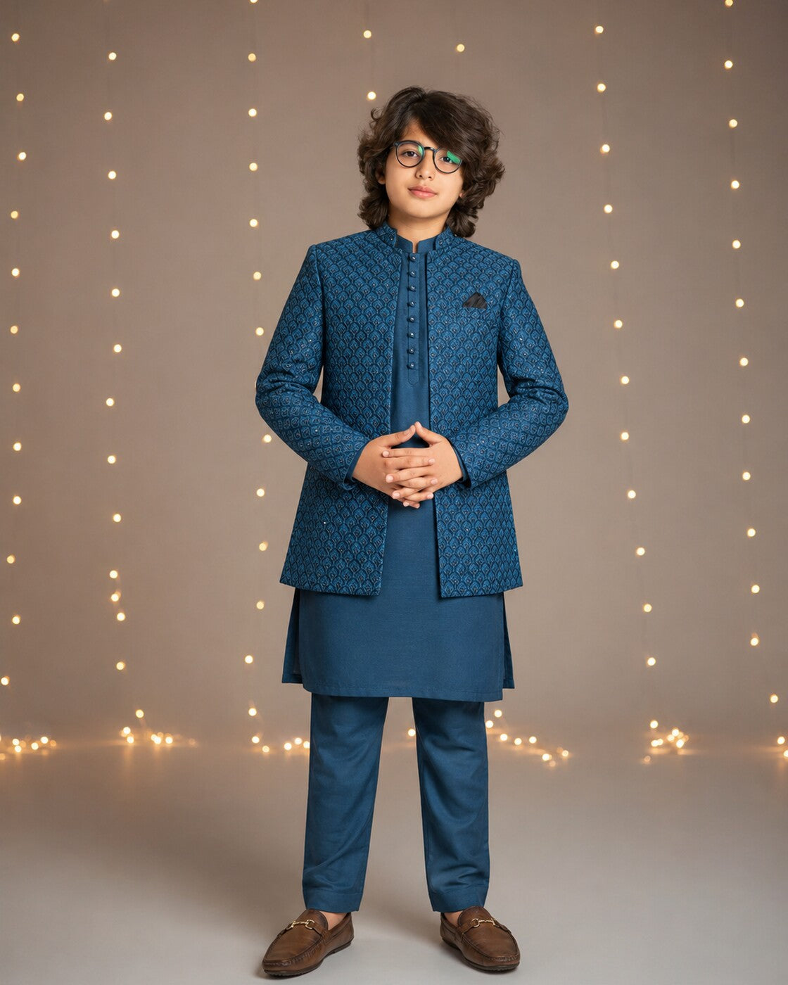 Boys zinc blue matching Prince Coat suit - full outfit view